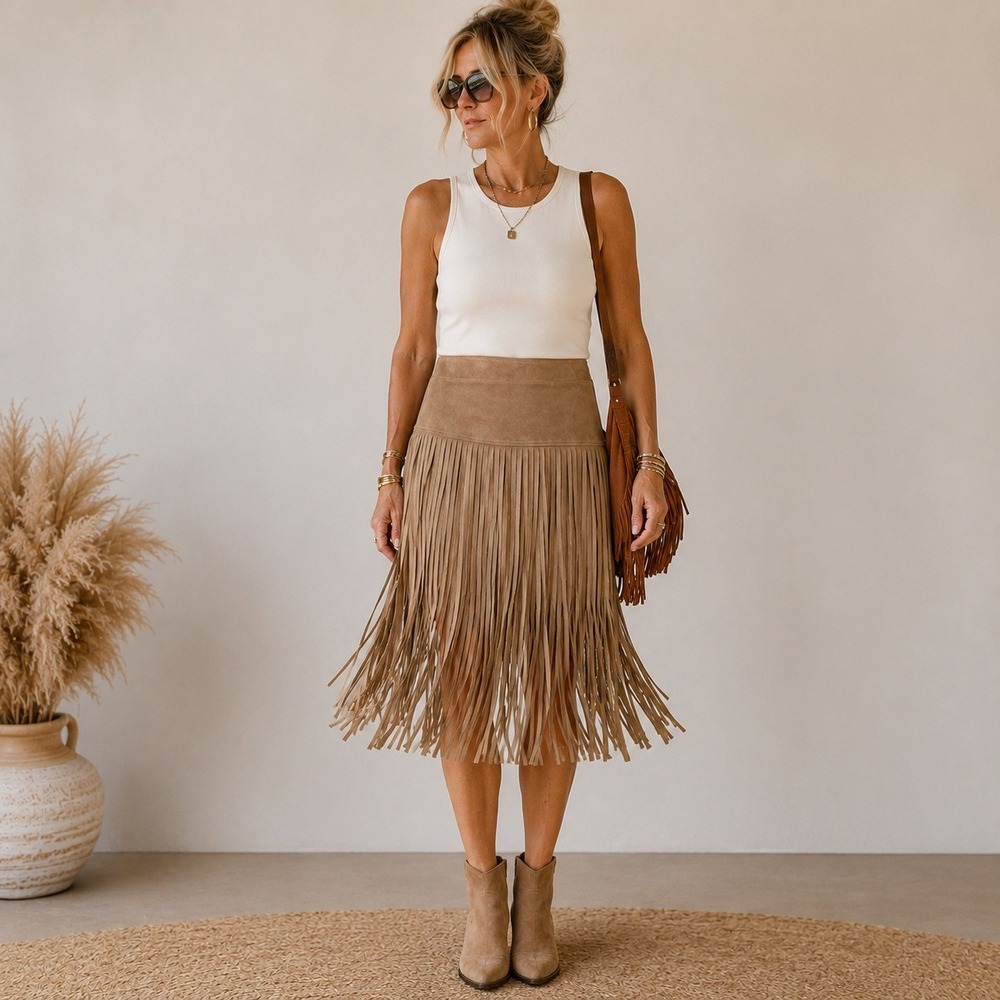 Freeway Womens Tan Faux Suede Fringe Western Boho Midi Skirt Size M NWT